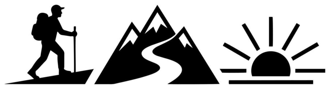 Mountain hiking adventure elements including backpacker trail and sunset icon