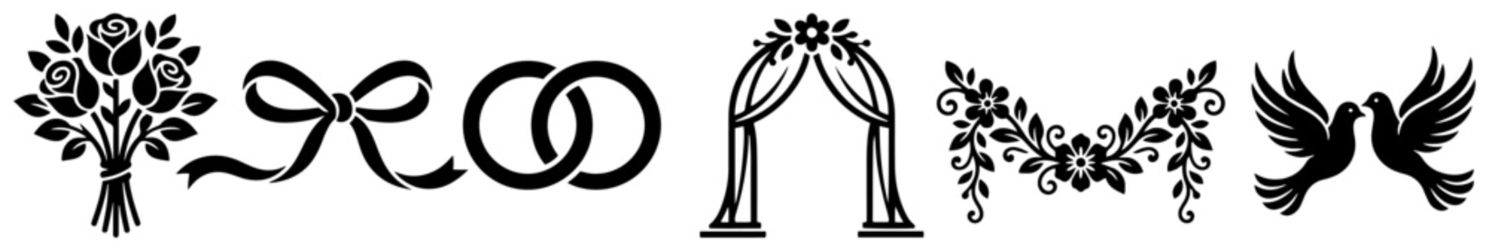 Wedding symbols featuring floral bouquet ceremony arch interlocking rings and doves in black silhouette style