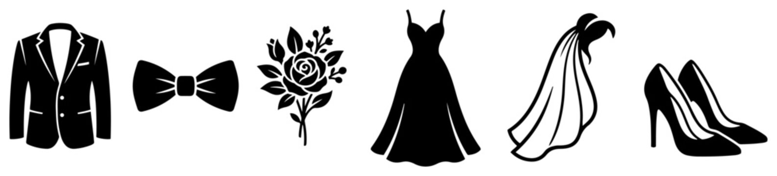 Wedding celebration icons featuring tuxedo dress bouquet and bridal accessories silhouette