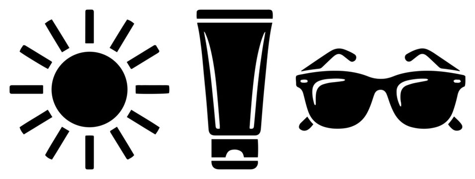 Sun protection essentials including sunglasses sunscreen lotion and sun icons