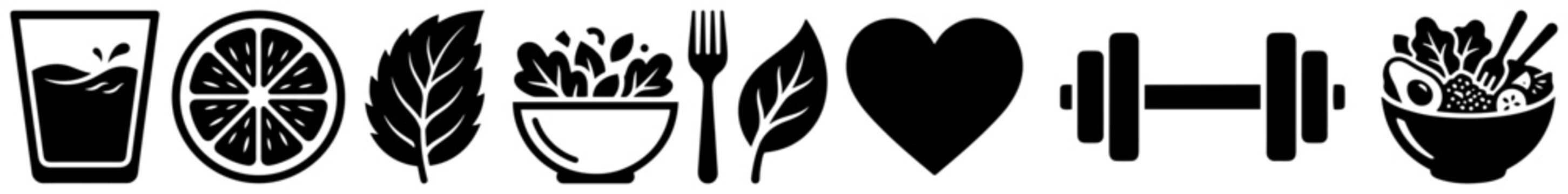Healthy lifestyle wellness icons featuring salad dumbbell and fruit in minimalist vector style
