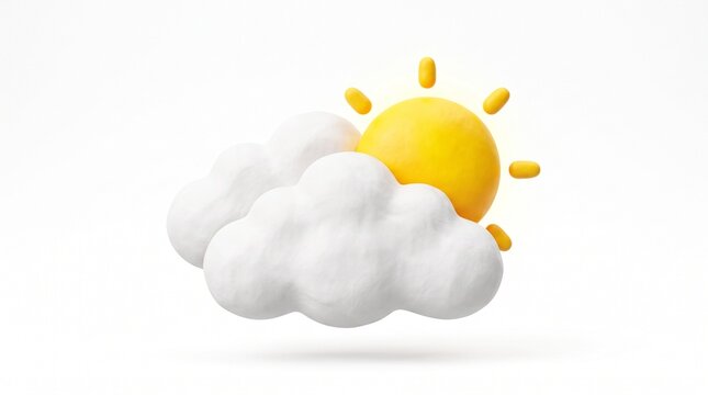 3d render of a fluffy white cloud with a yellow sun behind it creating a bright weather symbol on a clean white background with partially covering yellow