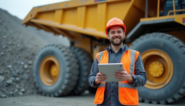 Happy construction worker in orange hard hat, safety vest holds digital tablet near giant yellow dump truck at work site. Pro male engineer checks data on mobile device standing in front of heavy