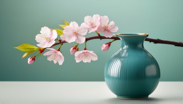 graceful single cherry blossom branch with buds emerges from an elegant blue green vase
