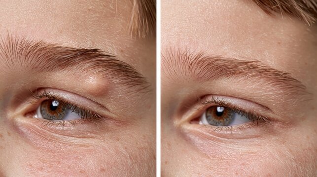 Split frame showing a smooth dermoid cyst at a child's brow versus flat skin after removal. Concept of dermoid cyst removal.
