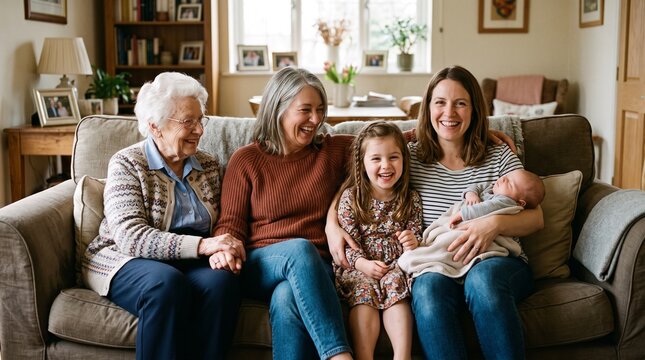 Multi generational family enjoying time together on a sofa, smiling and laughing