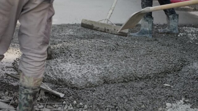 Workers distributing fresh concrete across reinforced slab during pouring