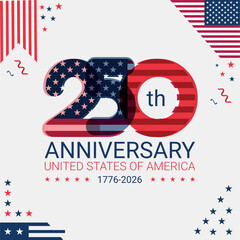 250th anniversary USA festive banner for 4th of July greetings and invitations. Waving national flag of the United States © ーの方へ クリエイターの方へ