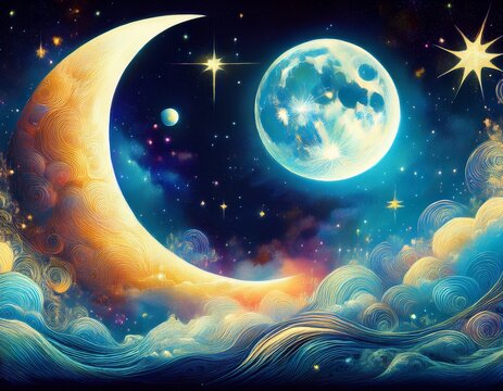 this is a beautiful space themed painting the painting features a large moon and a crescent moon the moons are surrounded by stars and clouds