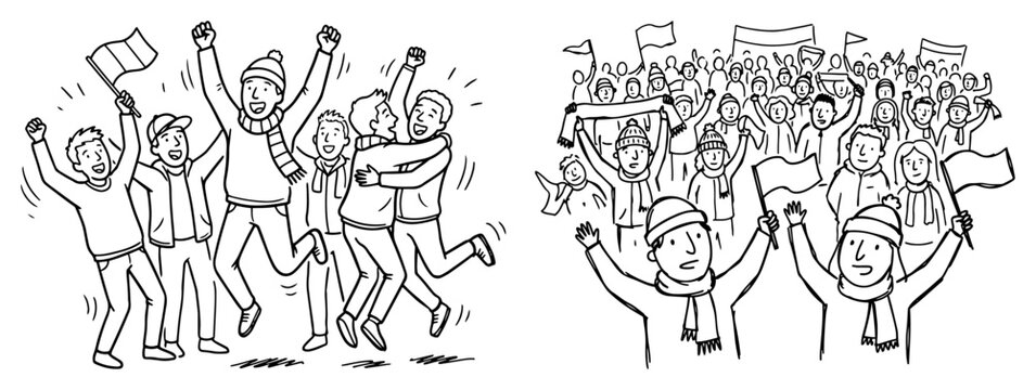 Cheering football fans celebrating victory and waving flags hand drawn outline sketch