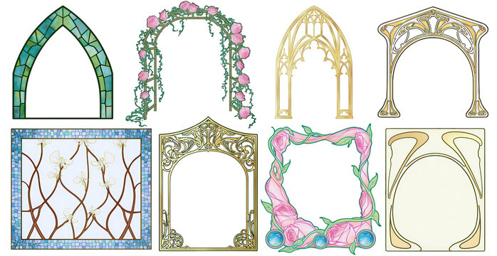 A collection of ornate stained glass window frames on transparent background