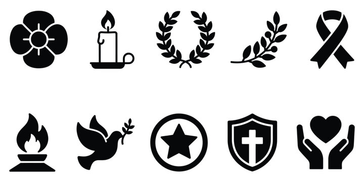 Remembrance day symbols poppy candle wreath ribbon dove for veteran's day