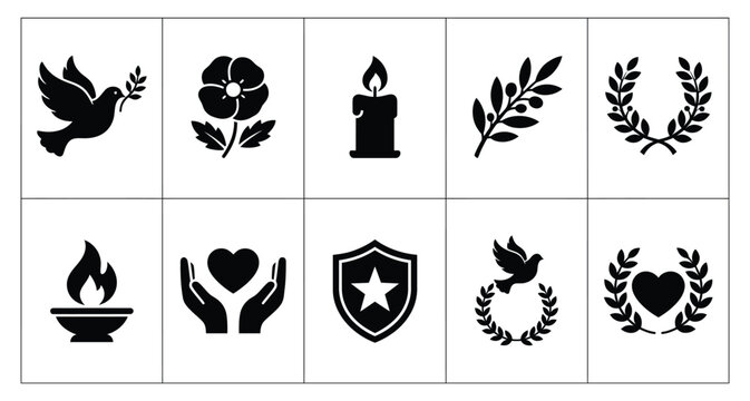 Remembrance day symbols poppy dove candle laurel wreath icons for veterans day