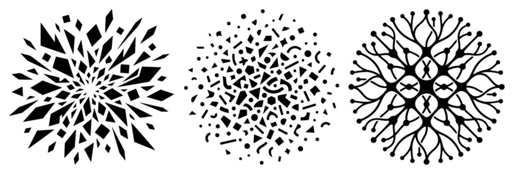 Abstract circular patterns with crystalline geometric and organic textures black and white vector set