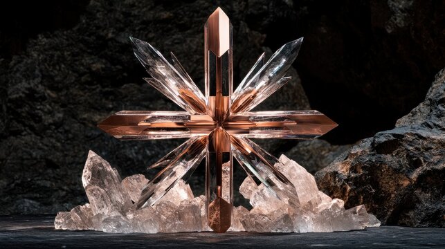 Abstract crystal cluster centerpiece on dark natural stone background