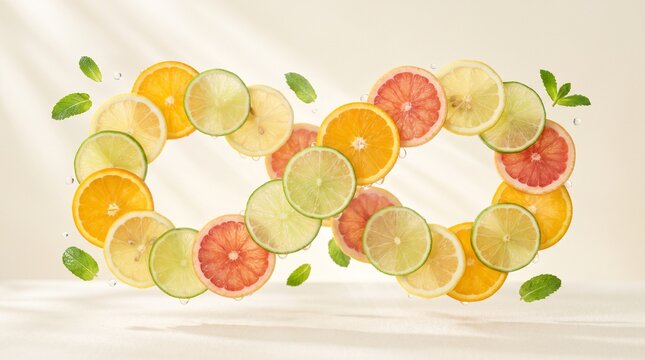 Fresh citrus fruit slices floating in an infinity loop symbol on cream with raw