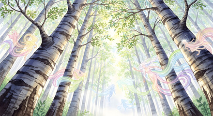 Fototapeta premium Magical forest vista bathed in ethereal light, with whimsical, rainbow-colored wisps weaving through ancient birch trees and dappled sunlight