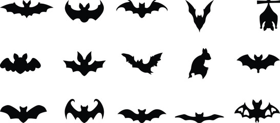 Fototapeta premium Diverse collection of black bat silhouettes for halloween decorations and spooky themed designs