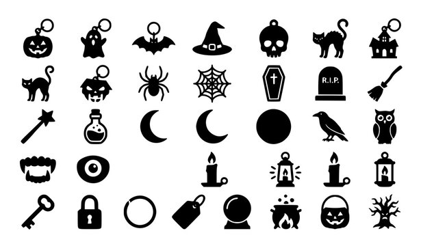 Black silhouette Halloween keychain and accessory icon set with spooky charms pumpkins ghosts bats and witch symbols isolated on white background