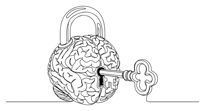 Human brain padlock being unlocked with a key in minimalist continuous line art style