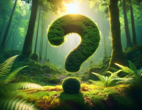 moss covered question mark in a lush green forest with sunlight filtering through foliage