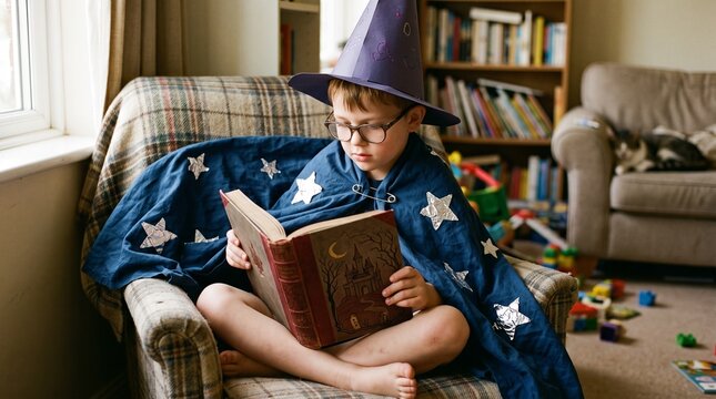 Young boy dressed as a wizard wearing a star cape reads a magical book while sitting in an armchair