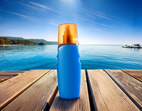 blue bottle of sunscreen on wooden boat deck