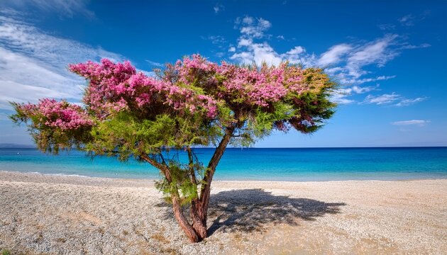 blooming tamarisk or salt cedar tree tree on sandy beach in greece blue sky and sea scattered clouds spring sunshine