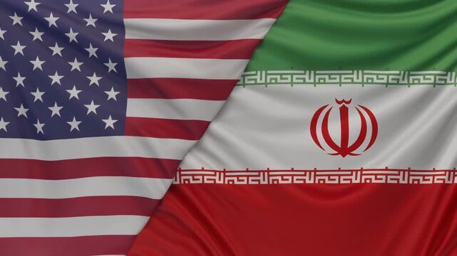 アメリカ国旗とイラン国旗が中央で自然につながり左右対称に大きくなびいて布の織り目と重厚な陰影を見せる