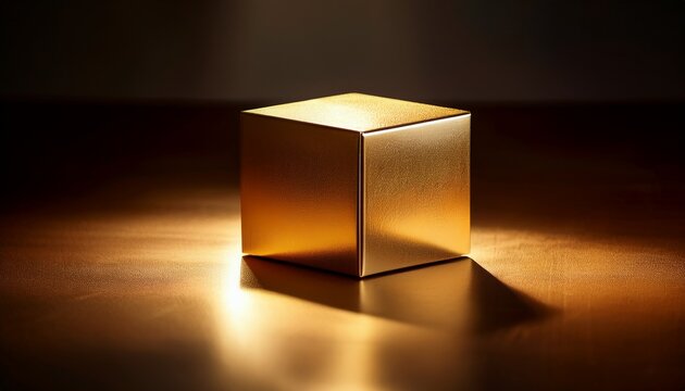 golden cube in spotlight a singular lustrous gold cube bathed in the warm glow of a spotlight poised on a textured surface offering a versatile visual for concepts like innovation and value