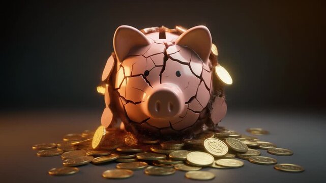 経済破壊を意味した貯金箱の頭部と胴体を深い亀裂が裂き足元に多数の硬貨が散乱する暗い空間で貯蓄崩壊と家計悪化を象徴する