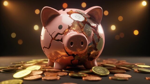 経済破壊を指し示す丸い貯金箱の側面へ大きな亀裂が広がり欠けた頭部と散らばる金貨や銅貨が生活苦と景気悪化を重く象徴する