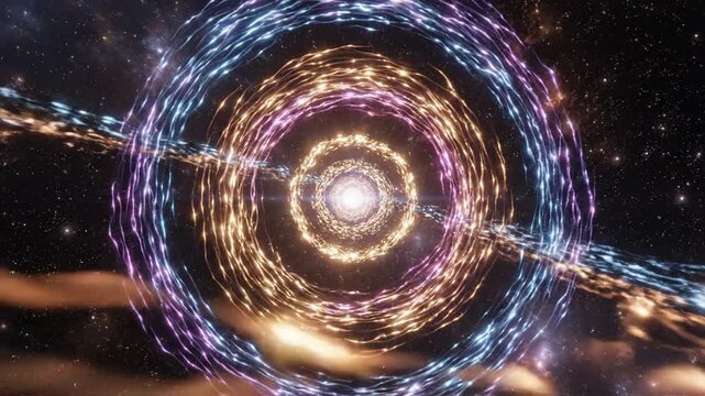 Glowing pulse rings of gold and purple energy radiating from a central celestial core in deep space with stars and cosmic waves in a cinematic background visualization.