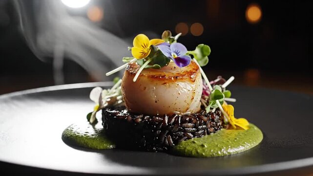 Seared sea scallop served on a bed of black forbidden rice and green vegetable puree, garnished with edible viola flowers and microgreens on a dark minimalist plate with rising steam.