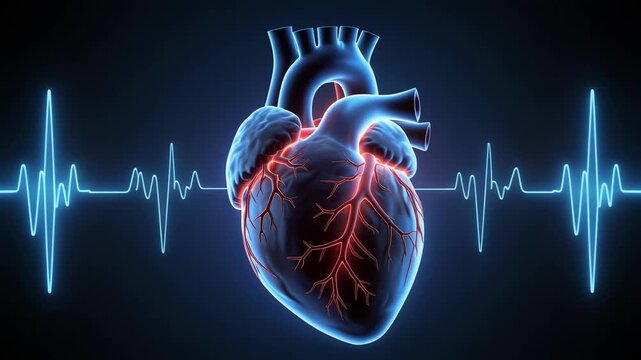 Anatomical Heart pulsing with ECG wave in dark medical laboratory setting symbolizing life and health