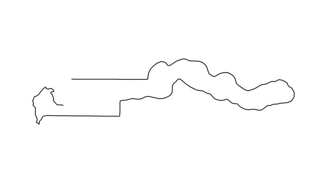 Animation of gambia map outline being drawn by thin black line on white background frame.
