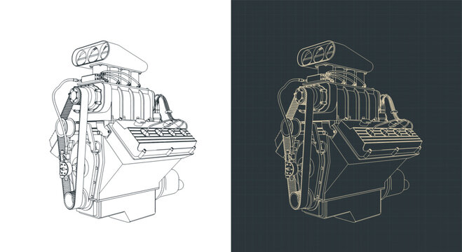 Classic V8 car engine with blower technical drawing illustrations