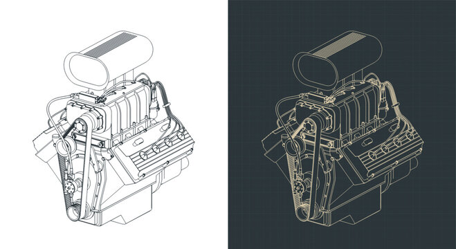 Classic V8 car engine with blower isometric blueprint