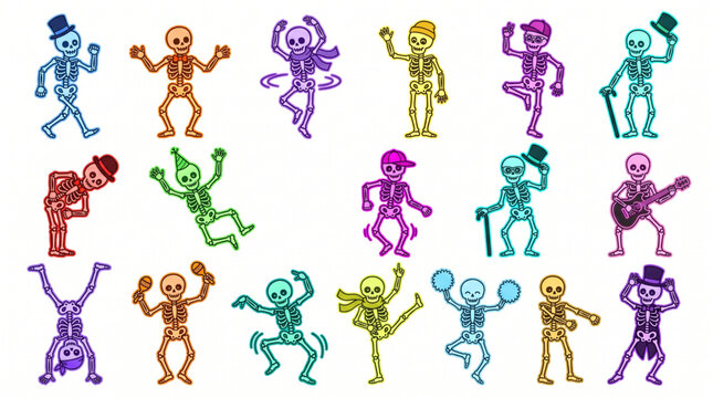 Colorful cartoon skeletons set in various funny dancing and posing positions