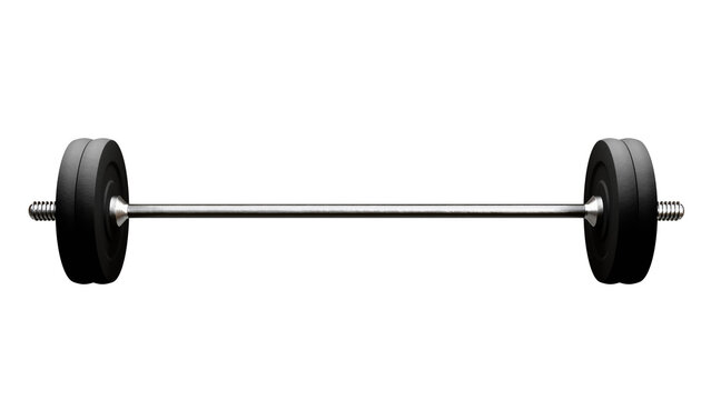 Crossfit, weightlifting, powerlifting barbell consisting of a metal bar and rubberized plates on it on a transparent background.