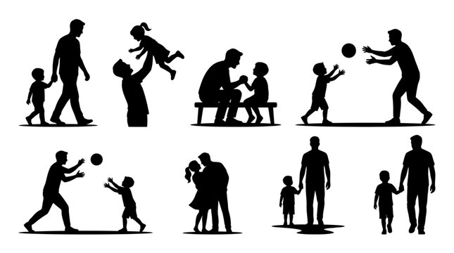 Silhouettes of fathers and children engaging in various playful and affectionate activities together.