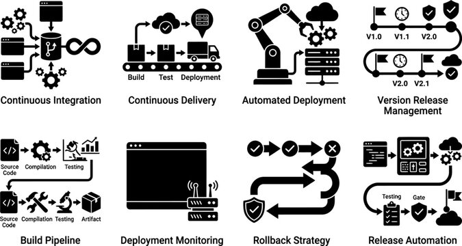 DevOps CI CD Pipeline Automation Icons Collection with Continuous Integration Deployment and Release Management