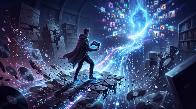 Concept of the transition from physical to digital formats in audiovisual media and video games.