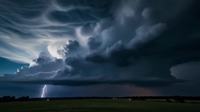 Dramatic thunderstorm with lightning striking over a dark landscape during twilight with cinematic motion and atmospheric power