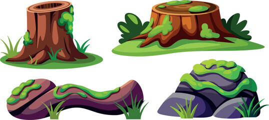 Cartoon forest tree stumps and mossy rocks vector set, game environment assets collection © Mim