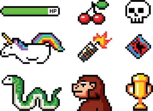 Pixel art game icons vector set, retro arcade adventure gaming assets with unicorn elements