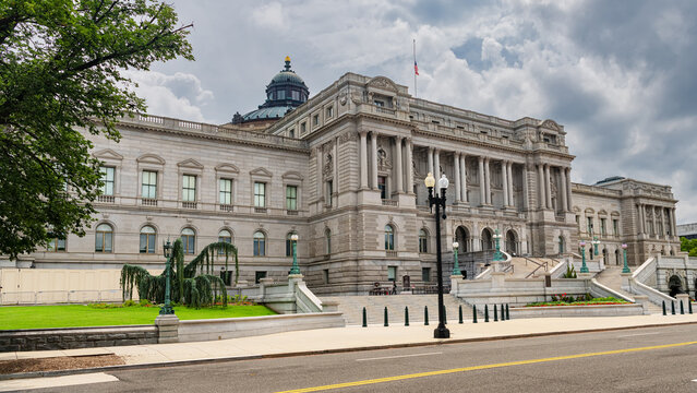 Wide Front View Of Library Of Congress Thomas Jefferson Building In Washington DC During Summer