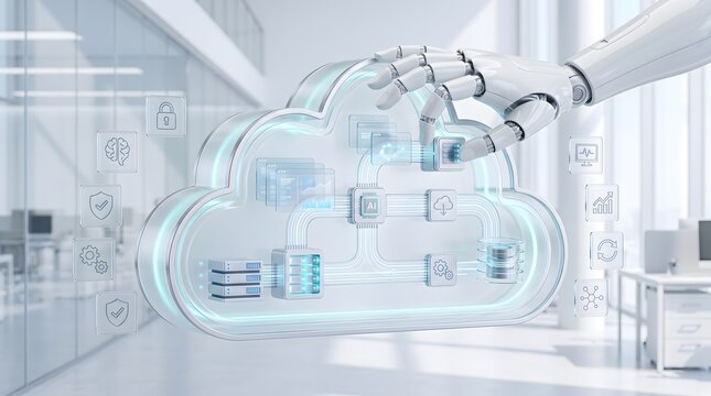 Robot hand building cloud infrastructure with AI chip and data icons