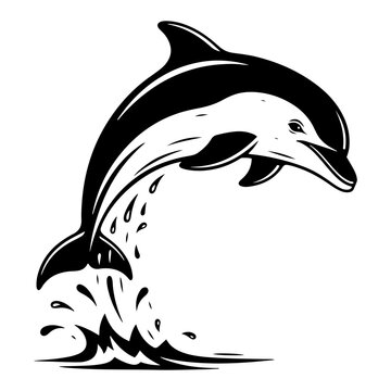 Dolphin jumping out of water silhouette marine animal with splashes for ocean and sea wildlife nature design