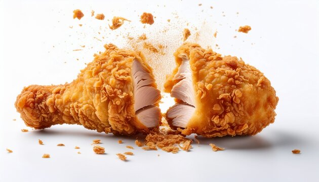 crispy golden brown fried chicken tender broken in half revealing juicy white meat with flying crumbs isolated on white background
